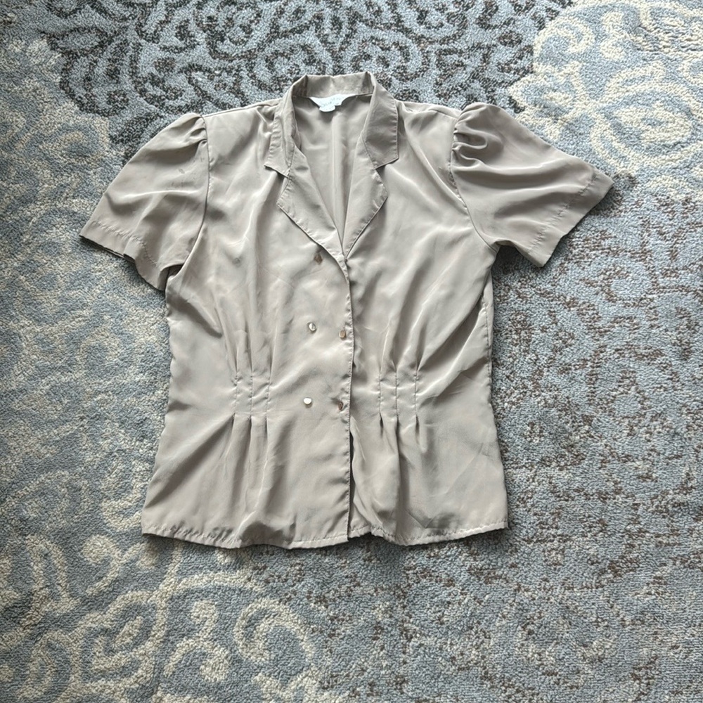 Vintage Susan Hutton Pleated Button Down Blouse Beige 12
